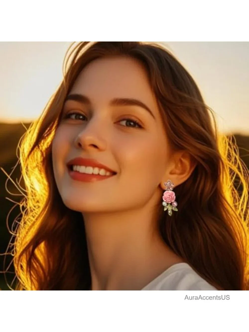 Pink Rhinestone Flower Drop Earrings Women's Fairy Summer Beach Jewelry